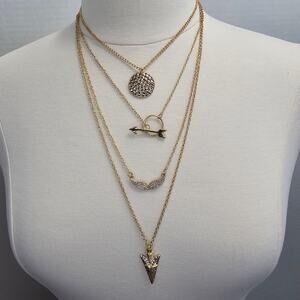 Multi Layered Pendant Necklace Goldtone Arrowhead Arrow Toggle Wings Four Chains